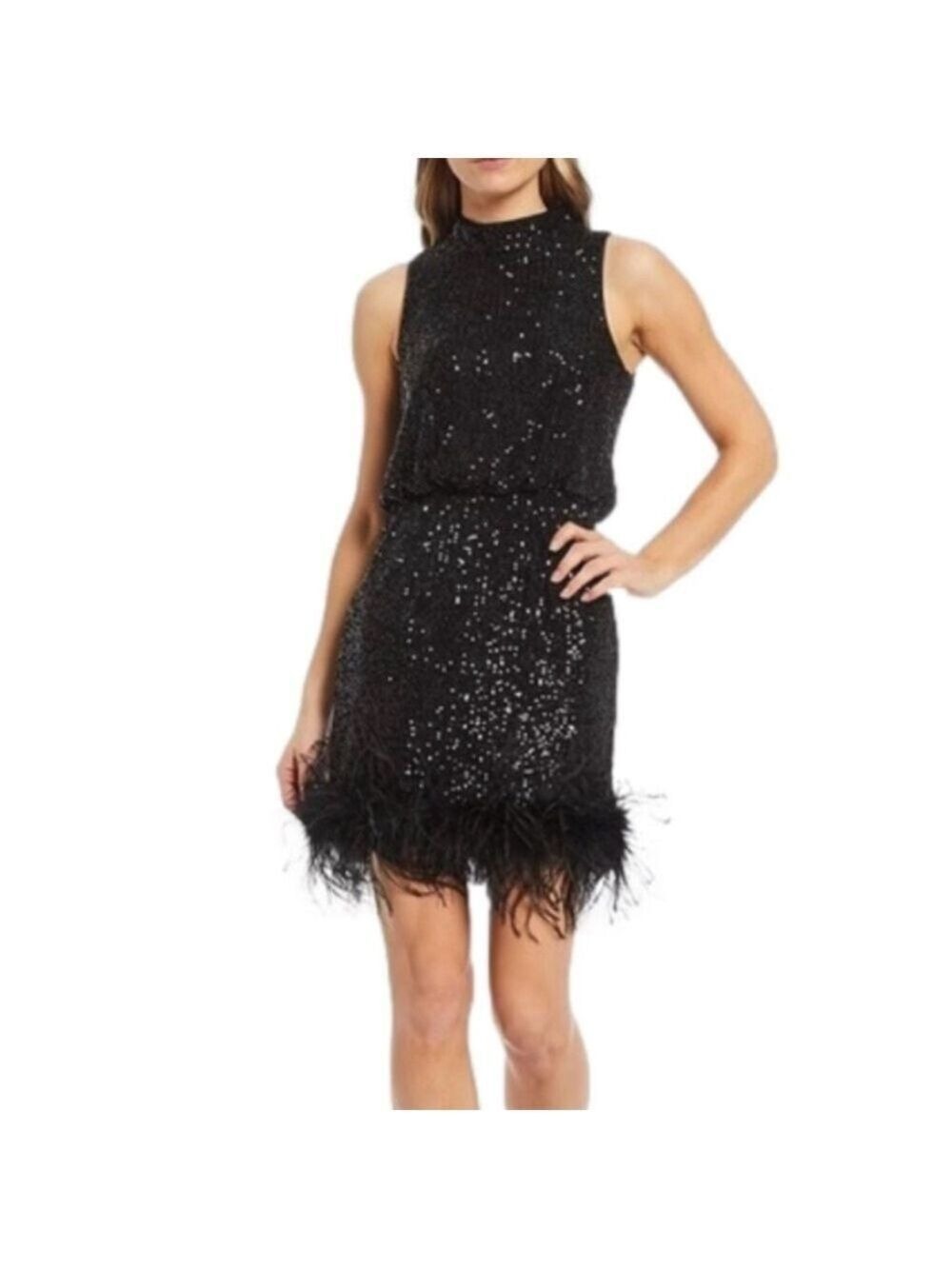 Eliza J Mock Neck Feather Hem Blouson Waist Sequins Sleeveless dress black 10